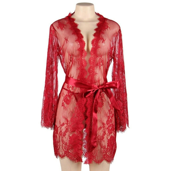 🎀 Red Delicate Lace Sleepwear Gown - Picture 4 of 9